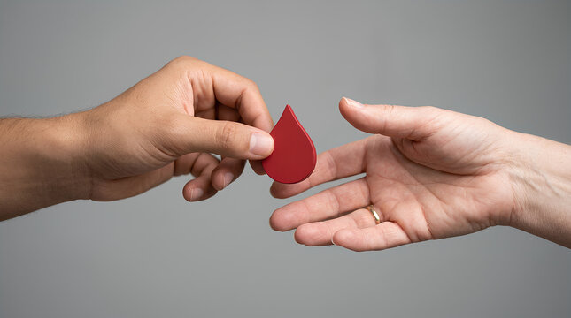 Compassionate exchange of a symbolic blood drop between two hands indicating medical or charitable aid with a neutral background