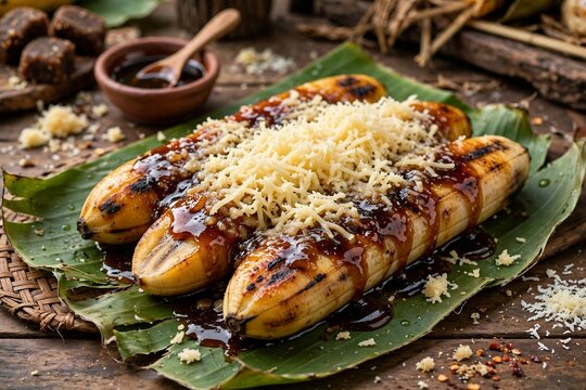 Traditional Indonesian grilled banana pisang bakar with grated cheese and palm sugar sauce on banana leaf