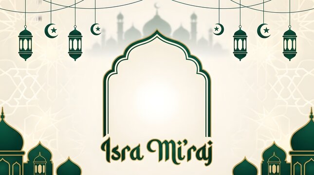 Isra Mi'raj horizontal banner vector background featuring hanging lanterns, mosque silhouettes, arch frame, and elegant green Islamic patterns.