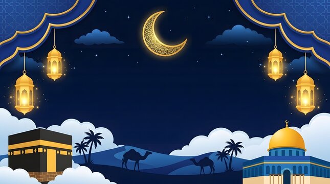 Isra Mi'raj horizontal banner background with Kaaba, Al-Aqsa dome, night desert landscape, camels, glowing lanterns, and golden clouds.