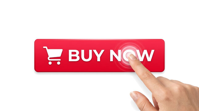 Hand clicking red buy now shopping button