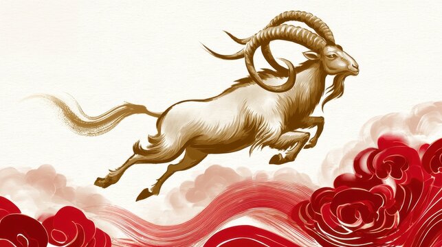 Leaping fire goat in traditional painting style. Chinese New Year zodiac symbol on vintage parchment background.