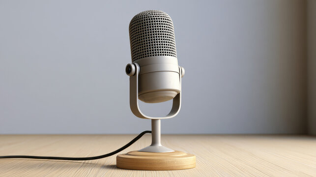 microphone rests on a wooden desk, capturing the essence of a recording studio.