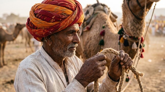 Close-up portrait of a senior Indian camel herder wearing a traditional colorful turban holding a rope at a desert fair