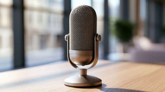 microphone rests on a wooden desk, capturing the essence of a recording studio.