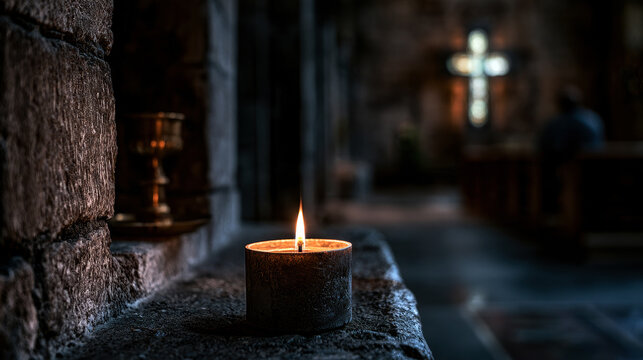 close-up shot of a single candle in a dark corner of a church, with blurred cross in the background.