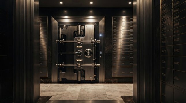 A massive, imposing vault door dominates the scene, constructed from dark metal and featuring multiple locking mechanisms.
