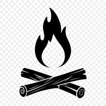 Campfire Icon with Flame and Crossed Logs, Vector Illustration. Black Bonfire and Firewood Silhouette Isolated. Camping, Hiking, Outdoor Adventure and Campsite Vector Illustration