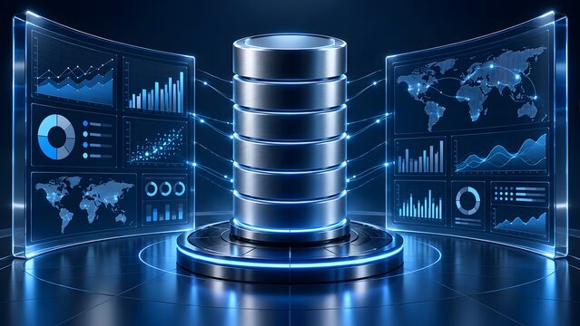 High-tech digital data center with central database storage server and futuristic virtual screens displaying global analytics, business charts, and information network infrastructure concept.