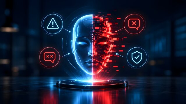 Artificial intelligence content moderation concept showing a digital human face split with blue and red glow, glitch effects, and security icons for deepfake detection and online safety.