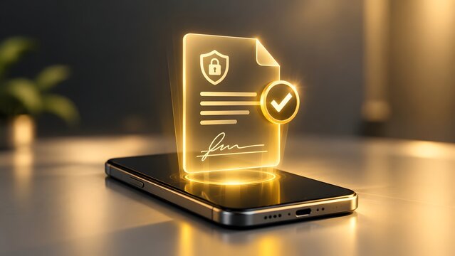 Digital contract and cybersecurity concept showing a glowing hologram of a signed document with a lock icon and checkmark symbol appearing above a modern smartphone on a desk.