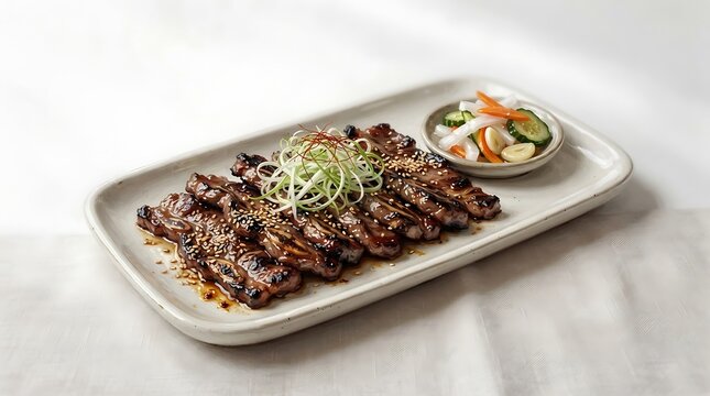 Grilled short ribs or galbi with pickled vegetables on a white plate