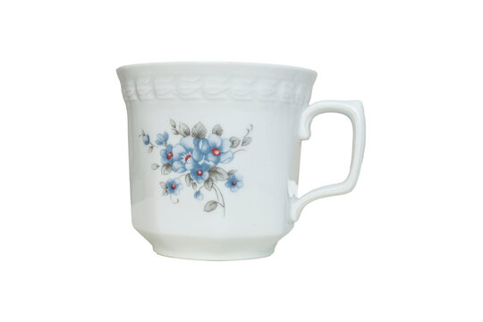Vintage White Ceramic Cup with Blue Floral Pattern Isolated PNG