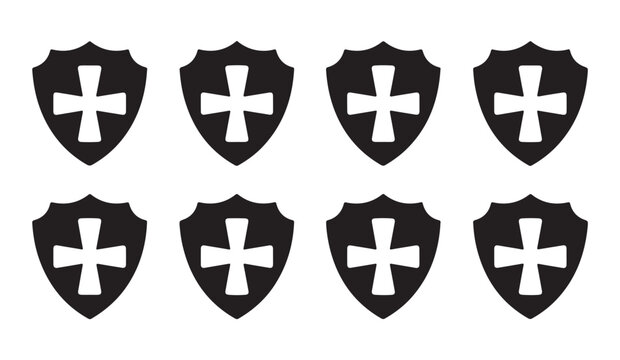 Medieval templar shield black silhouette icons collection presents simple protection crests with crosses.