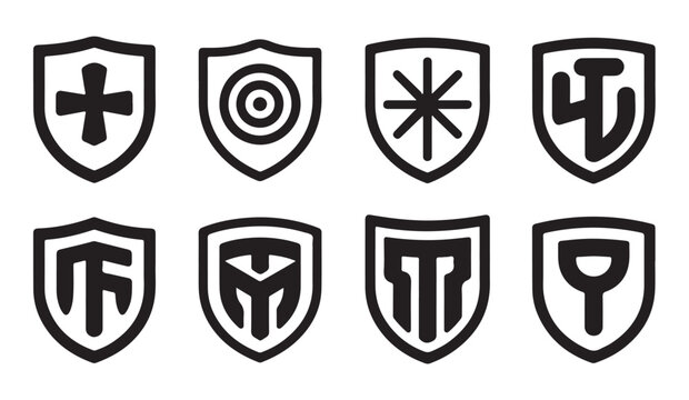 Shield icons collection with black linear medieval symbols and celtic heraldry for protection and security.