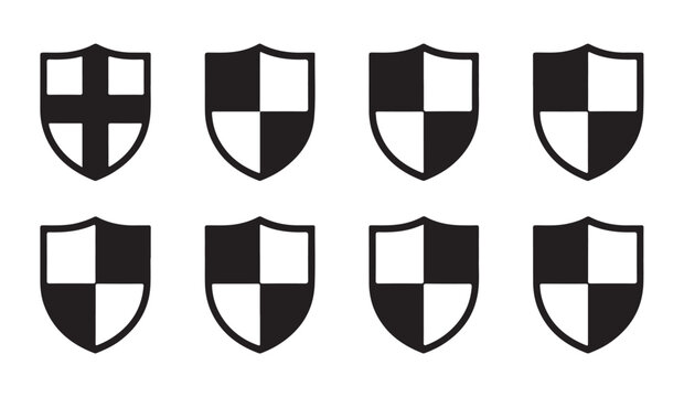 Modern shield silhouettes with black block patterns and geometric dividers for corporate security branding.