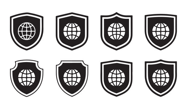 Global shield icons representing world security and international protection.