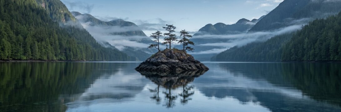 Stunning panoramic landscape of a tiny island with pine trees in the middle of a serene lake with perfect water reflection and misty mountains   