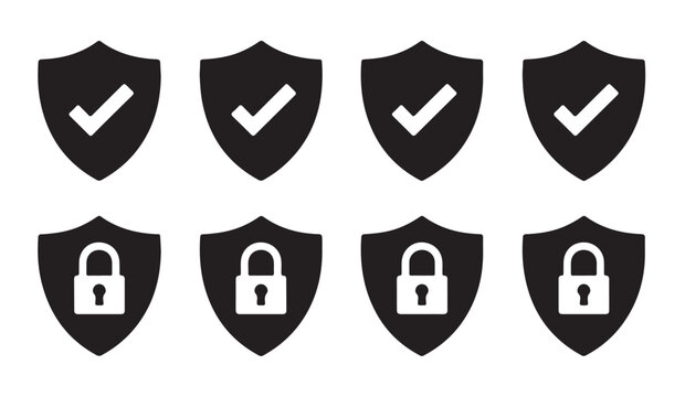 Security shield icons with check marks and padlocks representing verified protection and digital safety data.
