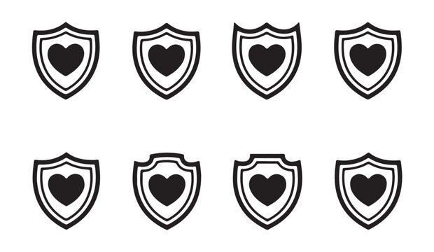 Heart shield set with varying border styles for healthcare insurance and romantic protection concept icons.