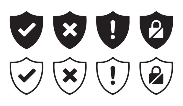Shield icons featuring check mark cross and exclamation symbols dark vector set for system notification alerts.