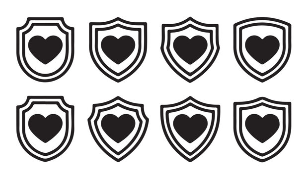 Heart protection shield icons with diverse frame thicknesses for charity health and insurance branding logo.