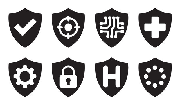 Black shield icons with diverse symbols for security, technology, and health concepts.
