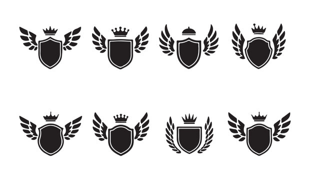 Black winged shield and crown crest collection offers royal and security emblems for branding.