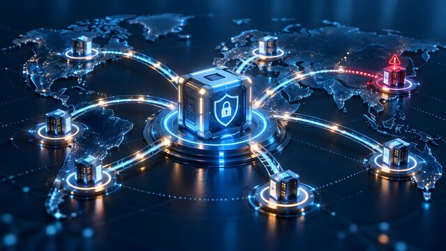 Global Cybersecurity and Data Protection Concept Featuring a Futuristic Secure Server Node with a Shield Icon on a World Map, Representing Cloud Privacy and Encrypted Digital Infrastructure