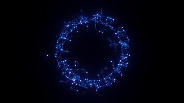 dynamic 3d render motion video of a glowing blue plexus ring network with animated interconnected nodes for technology concept non looping presentation