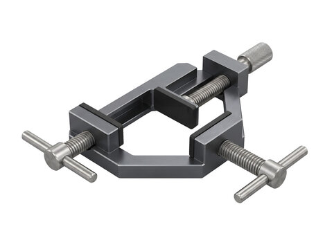 Three-way woodworking corner clamp 3D render for furniture assembly, carpentry and DIY workshop projects