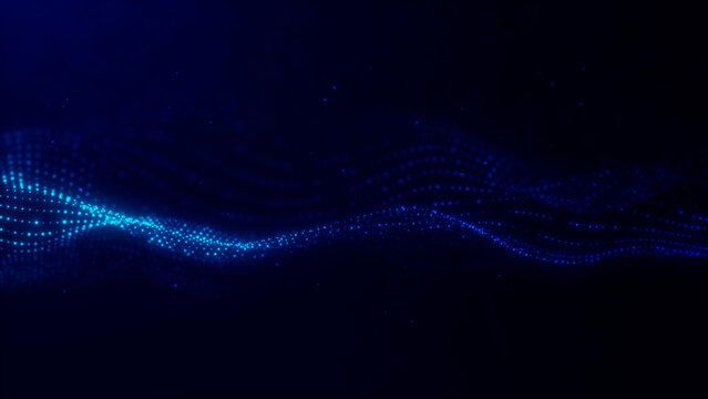 A glowing cyan particle ribbon crosses deep blue with soft layered waves and scattered lights. Seamless loop with space for technology titles.