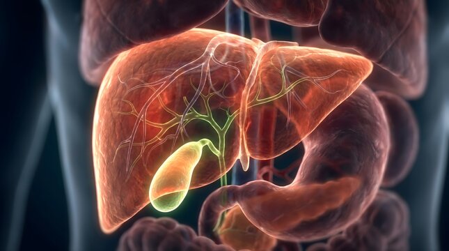 3D rendering of the human liver and gallbladder within the abdominal cavity, highlighting their anatomical structure and position.
