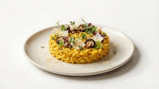 Gourmet saffron risotto with mushrooms and parmesan cheese on a white plate