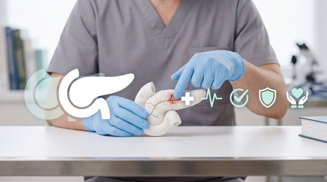 Medical professional pointing at a pancreas model in a clinical office setting with healthcare provider wearing