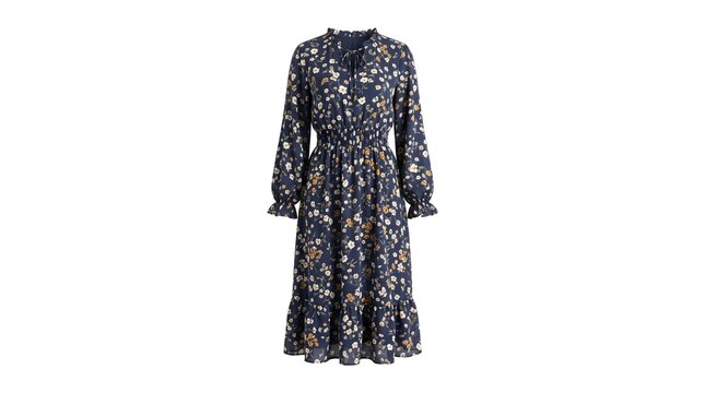 Floral print maxi dress with long sleeves and ruffled hem isolated on white background for fashion retail
