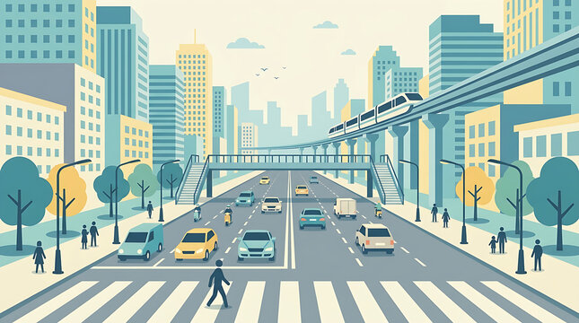 Clean and modern flat vector illustration of an urban city environment featuring buildings, a busy highway with cars, a crosswalk with pedestrians, and an elevated train monorail.
