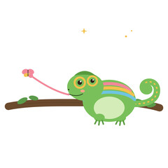 Obraz premium Cute cartoon green chameleon with rainbow stripes catching a butterfly
