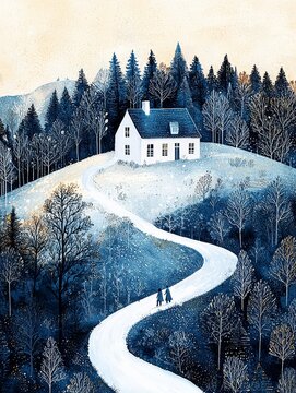 Snowy Winter Cottage in a Forest with a Winding Path
