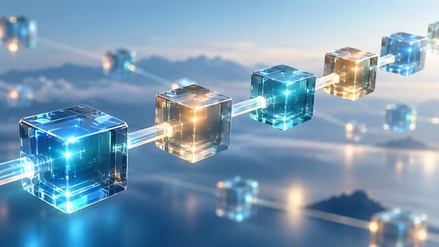 Translucent glowing glass cubes linked in a chain, an abstract concept of blockchain and distributed ledger technology