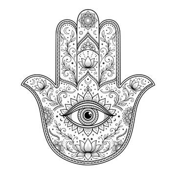 Black hamsa hand ornamental line art vector