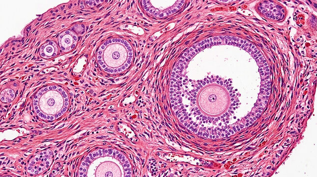 Microscopic View of Human Ovary Follicles with Developing Oocytes