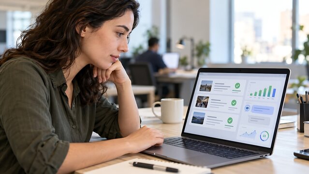 Journalist reviewing results from an AI fact-checking tool on a laptop in a newsroom office
