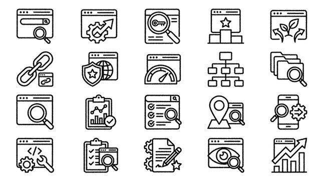 Minimalist SEO line icon set, digital marketing linear vectors, search engine optimization web icons, website analytics graphics isolated on Transparent Background