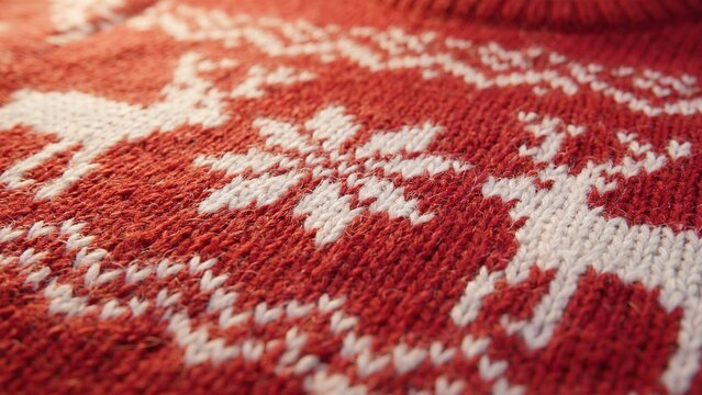 Red Christmas knit sweater with white snowflake and deer pattern. Festive background for holiday card, banner or seasonal design. Nordic knitted backdrop