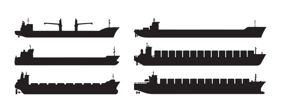 Black silhouette cargo ship icons set on transparent background for marine transportation designs.