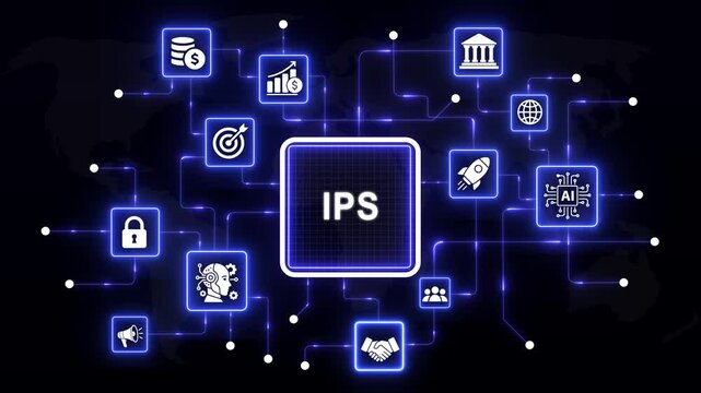 Intrusion prevention system ips concept with glowing digital network interface featuring cybersecurity artificial intelligence, data protection, global connectivity, and secure business infrastructure