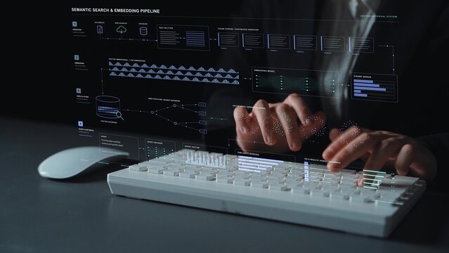 AI specialist is typing. An AI search workflow transforms source material into searchable embeddings, using similarity comparisons to identify the document passages most relevant to a query.