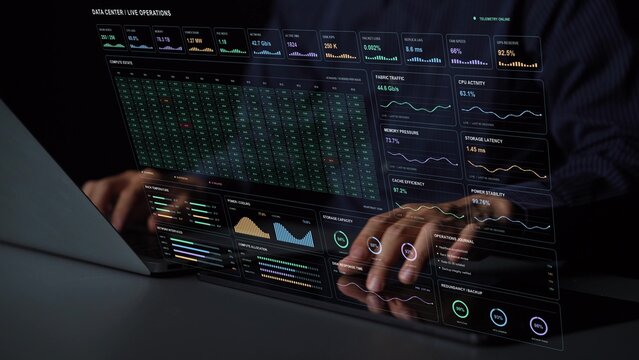 A tablet is in use. Live infrastructure operations combine virtual machine activity with storage and replication metrics, giving context for the capacity and continuity of data services.
