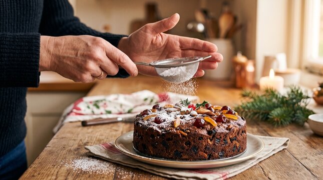 Hands dusting powdered sugar over rich Christmas fruitcake topped with glac&eacute; cherries, almonds, candied orange peel and holly on rustic wooden table in warm farmhouse kitchen with candle and fir branc